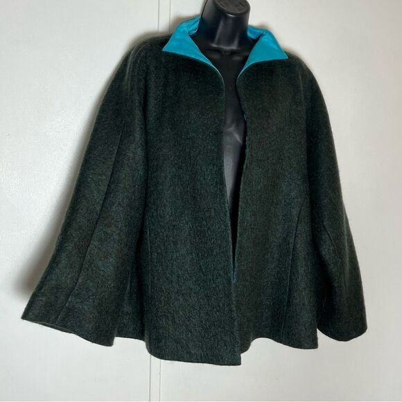 Han Feng Gray Wool Mohair Bell Sleeve Minimalist Lagenlook Jacket Teal Silk XL
